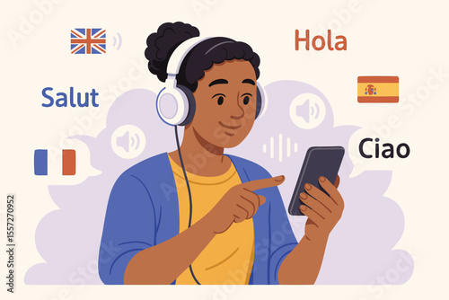 Flat Vector Illustration of Woman Learning Languages with Headphones and Smartphone App – Multilingual Education and Vocabulary Practice