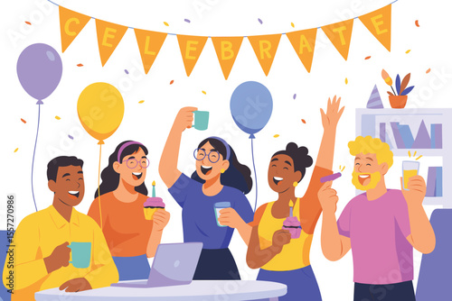 Office Celebration with Coworkers Holding Cupcakes, Balloons, and Drinks in a Festive Break Room