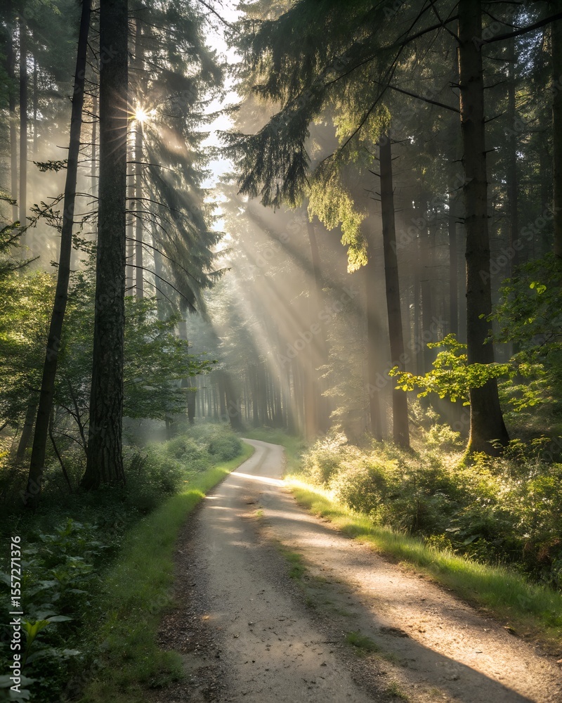 Fototapeta premium Sunlight streams through the trees along a forest path in the early morning