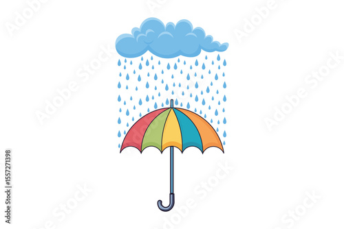 Colorful cartoon umbrella with falling rain drops, vector flat style illustration, pastel weather theme, seamless rainy day background for children’s prints, decor, digital art and design
