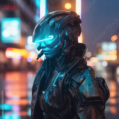 Cyberpunk Woman with Rainy City Night.