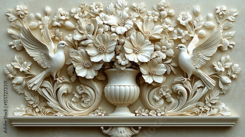 Ornate bas-relief design of flowers and birds.