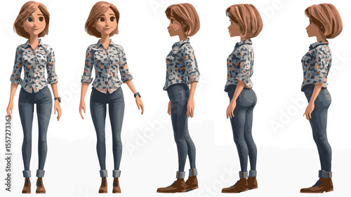 3d set of a woman in casual clothes in different poses illustration in a 3d cartoon style. Fashion teen girl model vector characters set wearing stylish dress with different hairstyles vector.