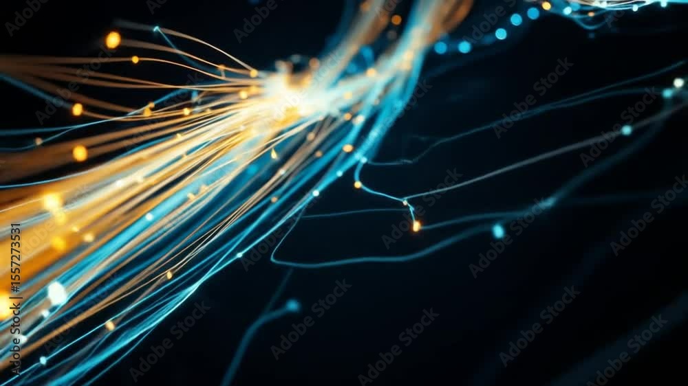 Futuristic technology themed background featuring fiber optic network connection. Ultra high speed broadband for streaming data worldwide. 4k video