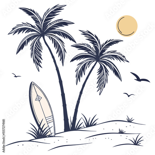 Tropical beach scene with palm trees and surfboard