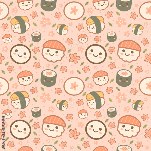 Cute Japanese Food Seamless Pattern with Smiling Sushi, Sakura Flowers, Pink Pastel Background