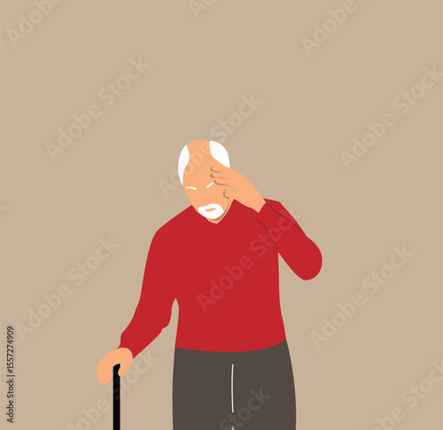 Old Man with Alzheimer Disease Thinking Hard. People, health care and medicine, aging process vector art