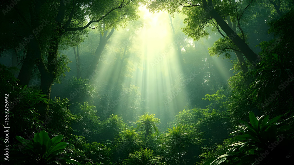 Obraz premium Sunlight streaming through a dense green forest area