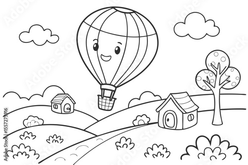 hot air balloon in the city for coloring book, coloring page, kids