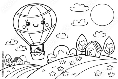 hot air balloon in the city for coloring book, coloring page, kids