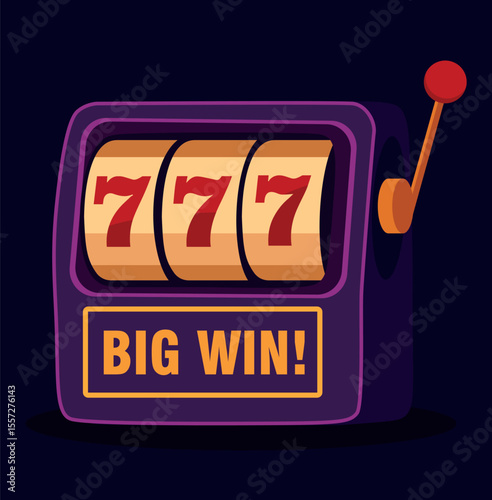 Slot machine 777, casino. Vector bright illustration of thematic banner for gambling and casino. Slot machine on a dark background. Flat design template for casino projects and advertising