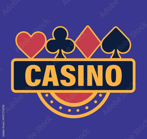  Vector flat bright casino logo, icon with cards, suits. Roulette, poker, jackpot, gambling. Flat design template for casino projects and advertising