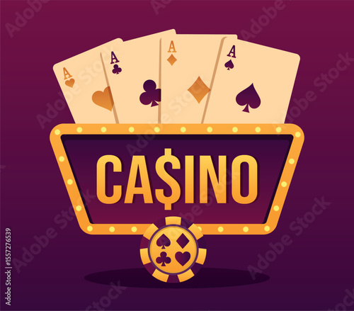  Vector bright stylish logo, casino icon with cards, chip. Roulette, gambling. Flat design template for casino projects and advertising