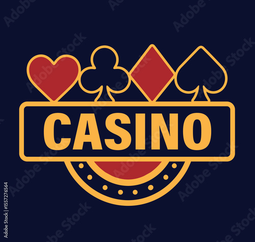  Vector flat bright logo, icon, casino with cards, suits on dark background. Roulette, poker, jackpot, gambling. Flat design template for casino projects and advertising