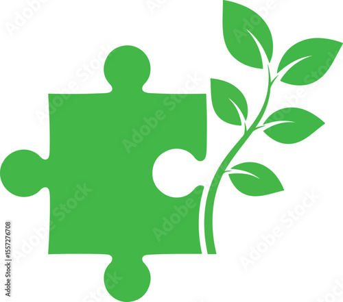 Puzzle piece with plant stem sprouting from one side — symbol of green solution or eco integration. Clean shape, stock-friendly.”