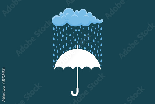 Cartoon-style umbrella with raindrops, flat vector rainy day scene, cute pastel color illustration perfect for children's books, print, textile, and background use
