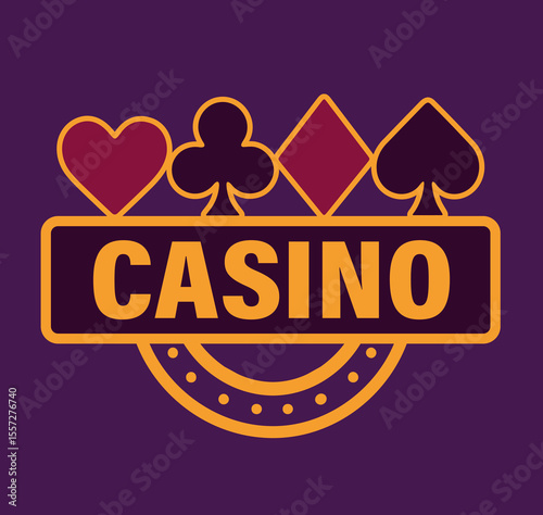  Vector flat bright logo, icon, casino with cards, suits on purple background. Roulette, poker, jackpot, gambling. Flat design template for casino projects and advertising