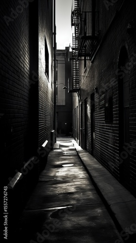 Dark City Alleyway with Sunlit Path.