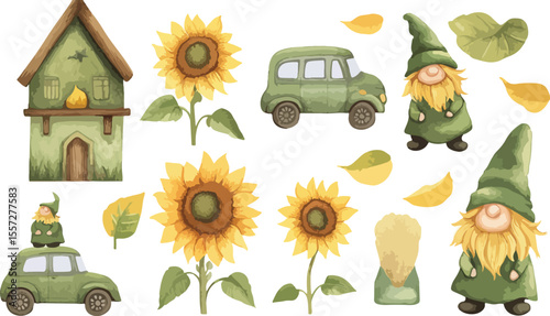 Watercolor Gnomes Sunflowers and Green Vehicles Clip Art Collection Set