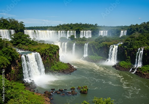 The majestic Iguazu Falls display their impressive beauty and power amidst the lush rainforest.