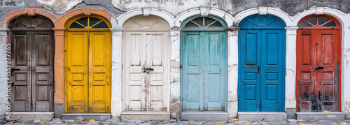 Five brightly-colored doors stand side-by-side. The doors feature arched frames and are shades of red, brown, green, and blue. The image is part of a set of images.