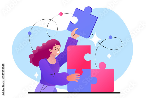 businesswoman holding jigsaw puzzle pieces. concept of problem-solving , teamwork, collaboration, or building a successful project. Vector, illustration.