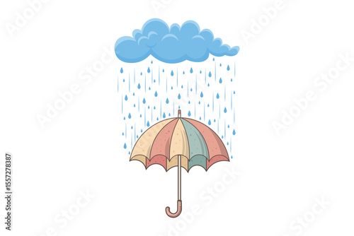 Rain drops falling gently on umbrella, cartoon vector illustration with flat pastel design, creative weather concept for kids products, nursery prints, and web backgrounds
