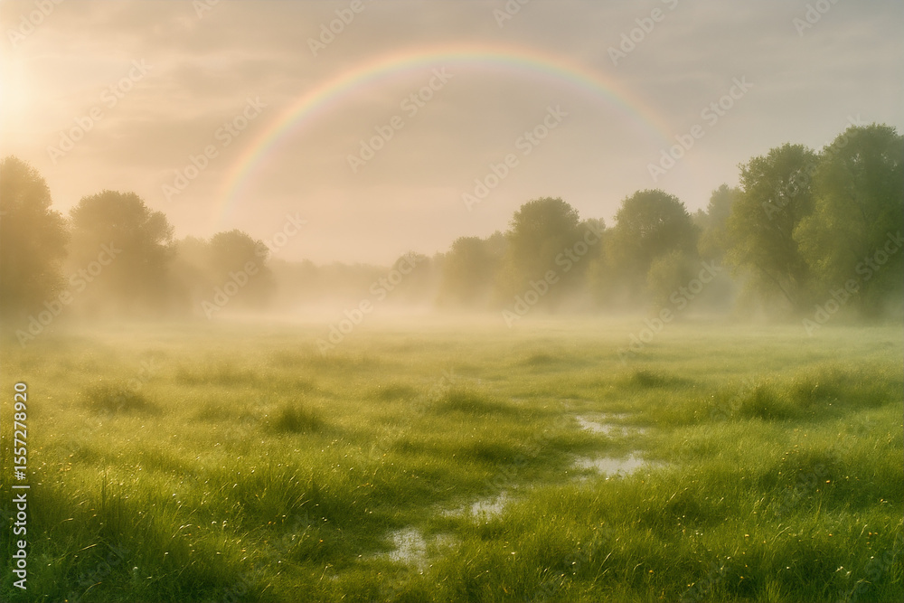 Naklejka premium Misty Meadow Sunrise with Rainbow A Breathtaking Nature Scene