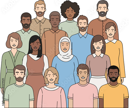 Vector illustration of a beautifully diverse group of men and women standing side by side, smiling gently. The people vary in ethnicity, skin tone, hair styles
