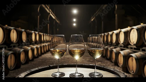 Three glasses of white wine rest on a barrel in a dimly lit cellar lined with wooden aging barrels in rows.
