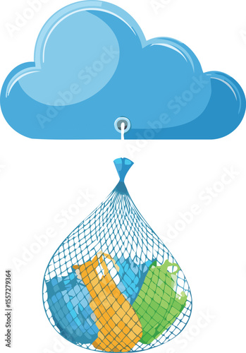 Playful Cloud Catching Plastic Bags with a Net in the Sky