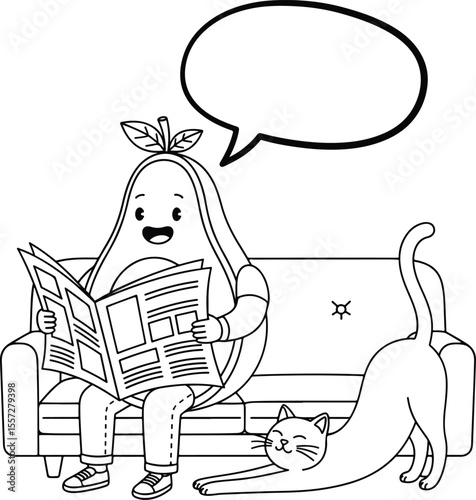 Outline vector scene anthropomorphic avocado reading newspaper on sofa, cat stretching beside, casual speech bubble above.