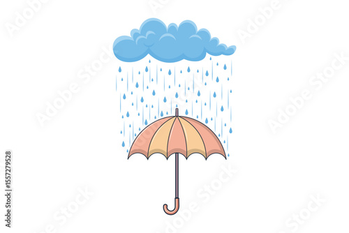 Cartoon umbrella in rainy weather, flat vector illustration with falling droplets, pastel-colored design for kids themes, seamless use, and decorative digital artwork
