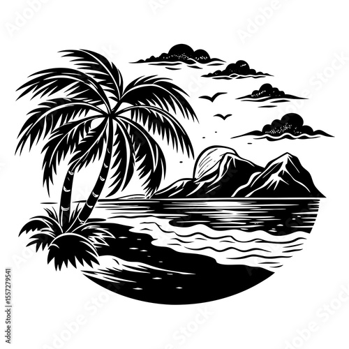 Black and White Tropical Island Scene