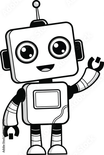  Cute robot character with square head, round eyes, and waving hand, flat black and white style, isolated on white