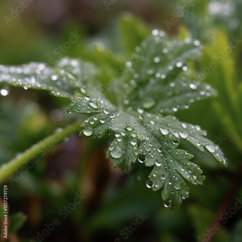 Dew Drops on Green Leaf.