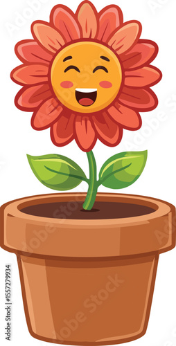 Smiling Flower Pot with Blooming Blossoms and Cheerful Expression