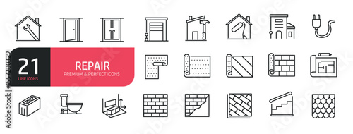 Set of line icons related to home repair, house painting, door, garage. Outline icons collection. Editable stroke. Vector illustration.