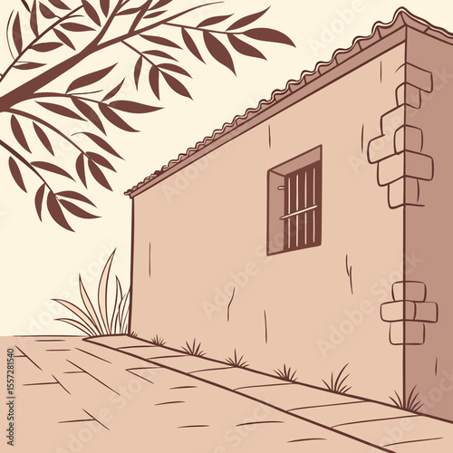 Simple illustration of a building corner with a window and tree branches overhead