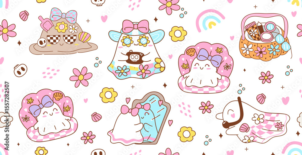 Fototapeta premium Seamless pattern reto groovy little ghost in spooky summer. Vector illustration.