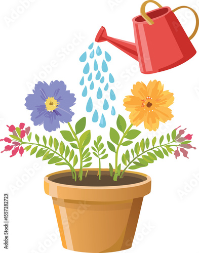 Helpful Raindrop Gently Watering a Smiling Flower Pot