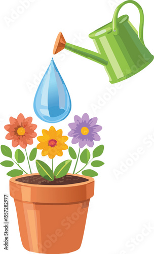 Helpful Raindrop Gently Watering a Smiling Flower Pot