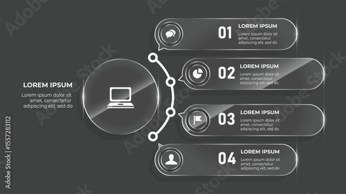 3D Glass Flowchart with 4 Options and UI Elements for Business Timeline, Website Interface, and Web Design Infographic