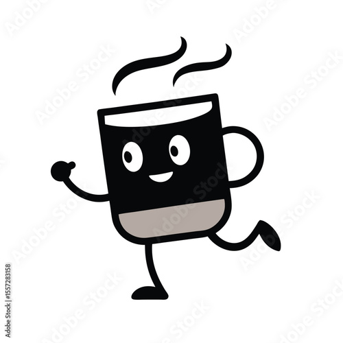 Black coffee cup mascot running with steam on white background