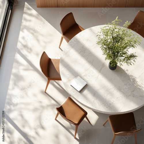 Modern interior design round table with chairs overhead view