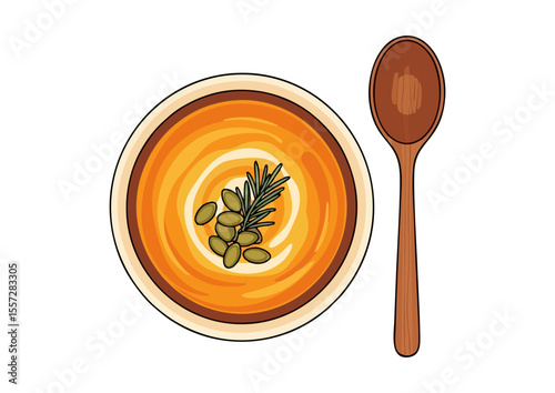 Warm bowl of butternut squash soup with garnish and wooden spoon