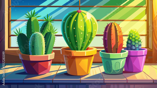 close up Sun-kissed cactus trio in colorful ceramic pots, shelf by window, sunlight glow, interior plant display, modern home design, textured surfaces, minimalistic yet vibrant apartment botanical to