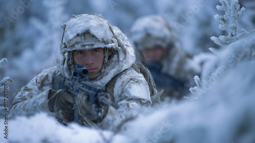 Group of male soldiers in arctic camouflage lying low behind snowy cover, weapons aimed forward, frosted trees forming a dense and hostile battlefield backdrop under overcast skies