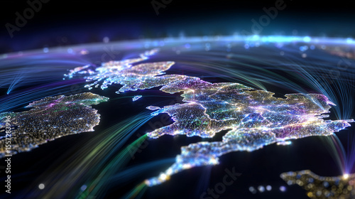 Futuristic map of the United Kingdom illuminated with neon communication pathways, satellites orbiting above sending data streams, symbolizing global tech connectivity and digital