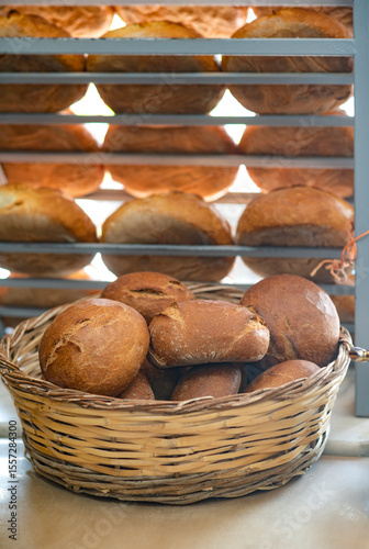 Freshly baked sour dough breads on shelves and in a basket  in a traditional bakery in Turkey